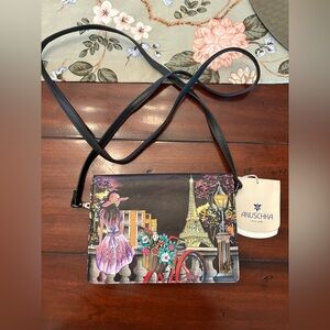 ANUSCHKA Hand Painted “Paris At Night” Leather Crossbody Bag Purse Wearable Art